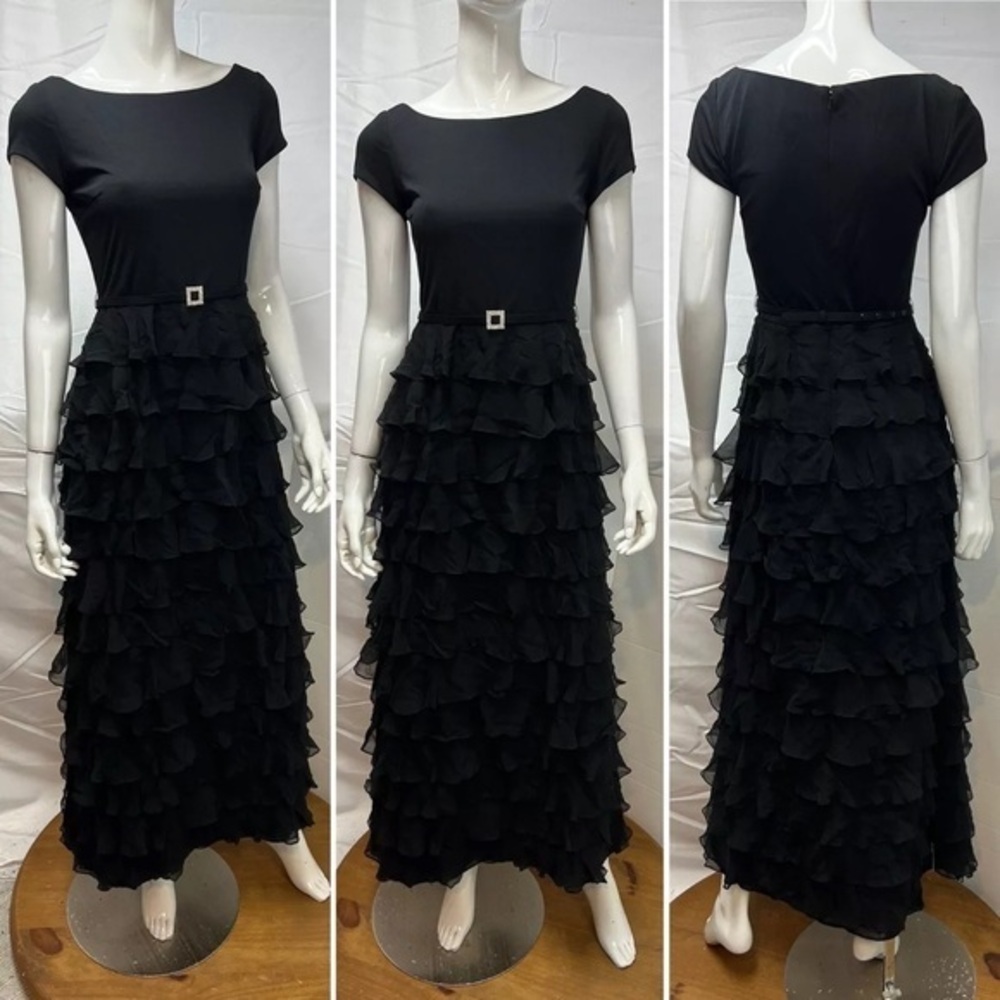 Victoria Women's 14 Black 100% Silk Cap Sleeve Tiered Long Vintage Dress